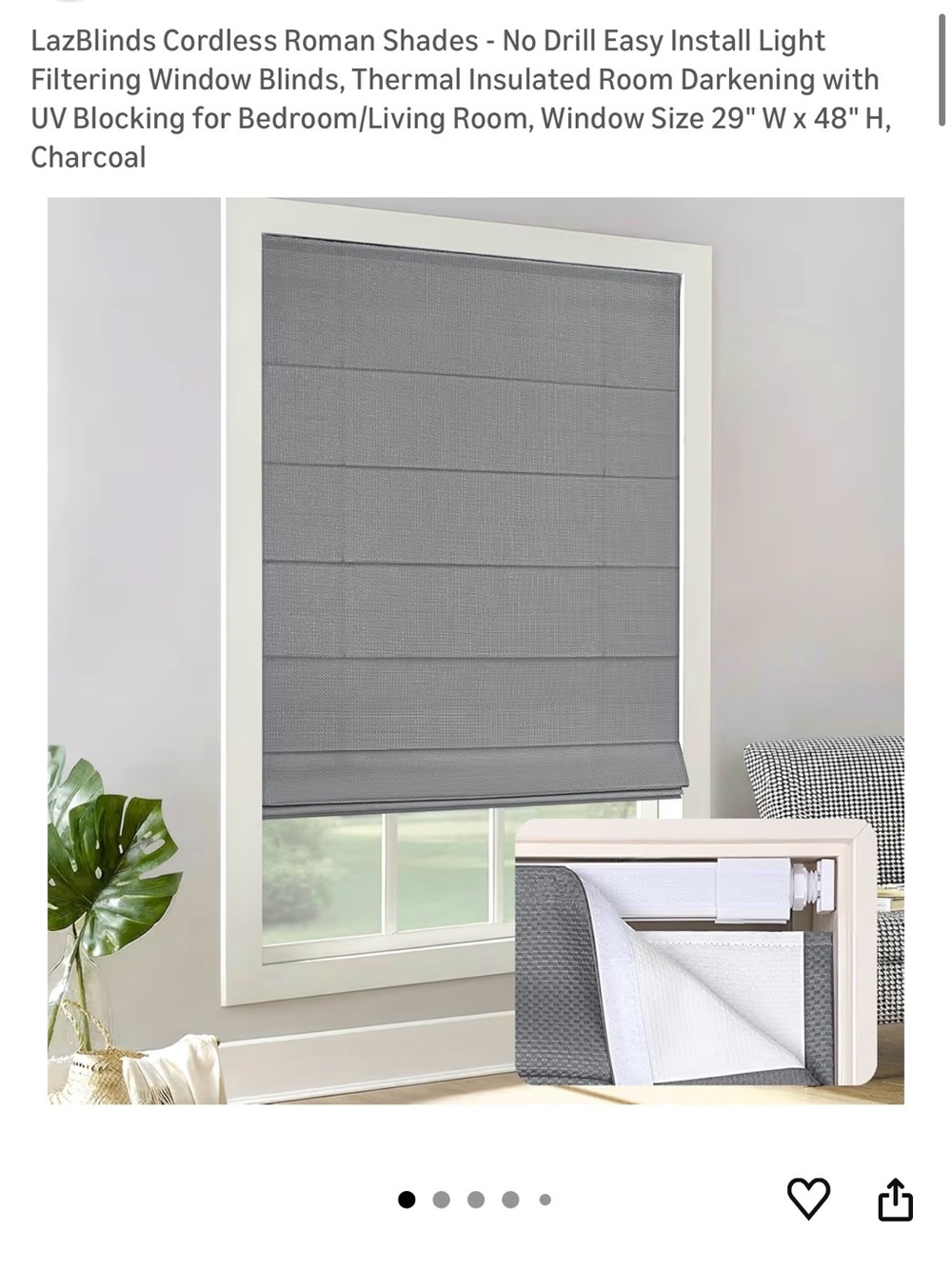 New LazBlinds Cordless Roman Shades - 29" W × 48" 
Charcoal (4732)